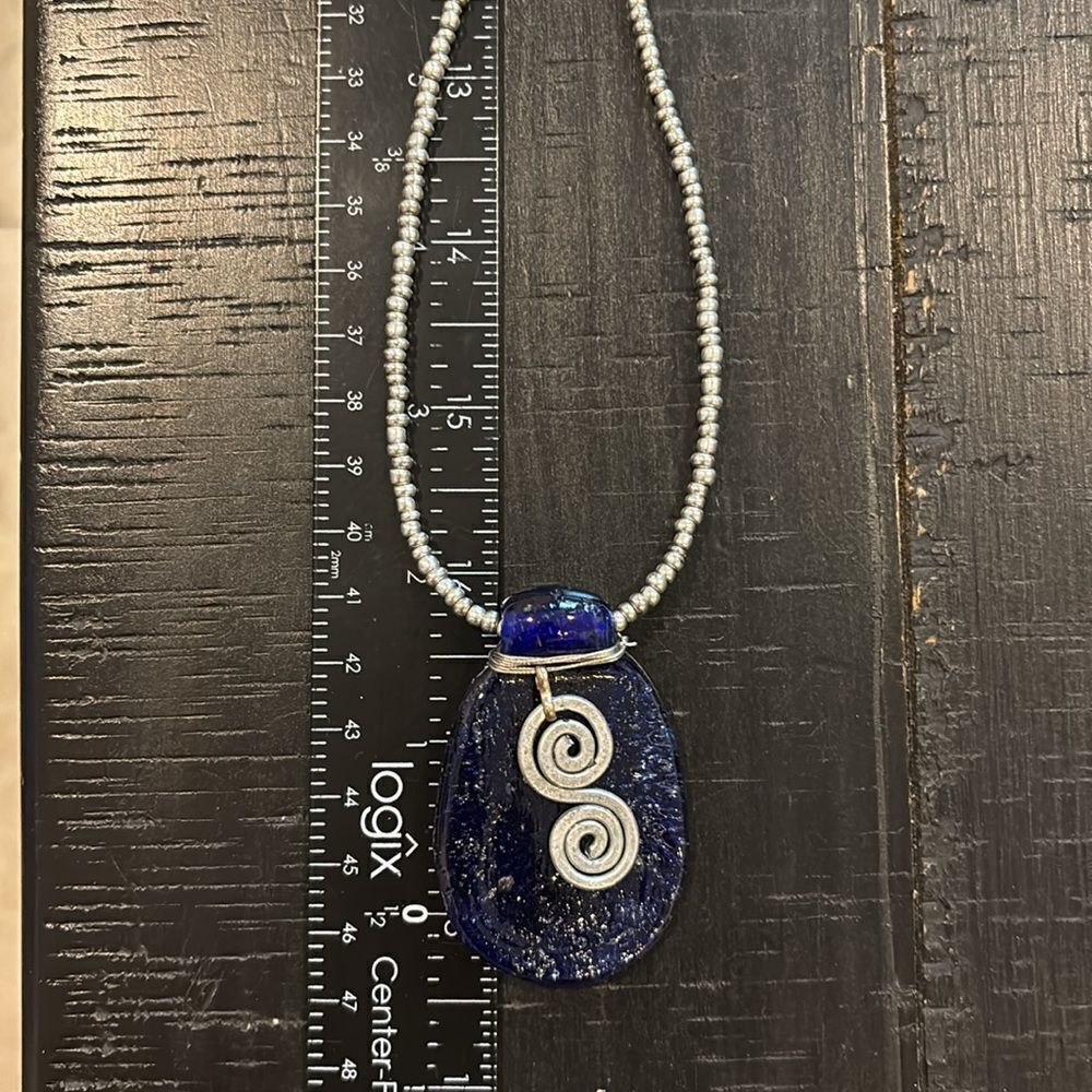 Blue Dichroic Glass Silver Swirl Artisan Long Beaded Energy Necklace Chain - Picture 6 of 7